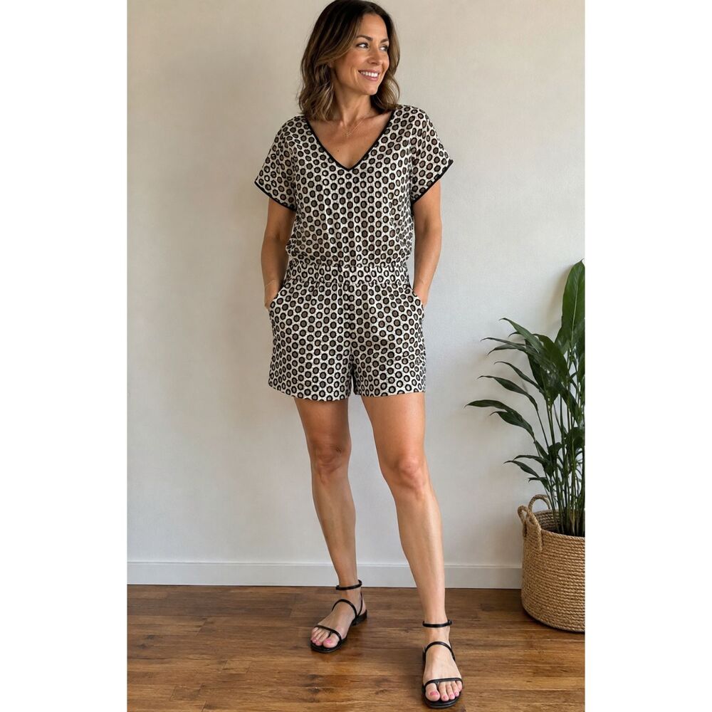 NWT J.Crew Eyelet Embroidered Romper Size 12 Black White Circle Print Cutout NWT